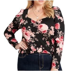 Maurices | Black w/Pink Floral Sweetheart Puff Sleeve Long Slv Stretchy Top XXL